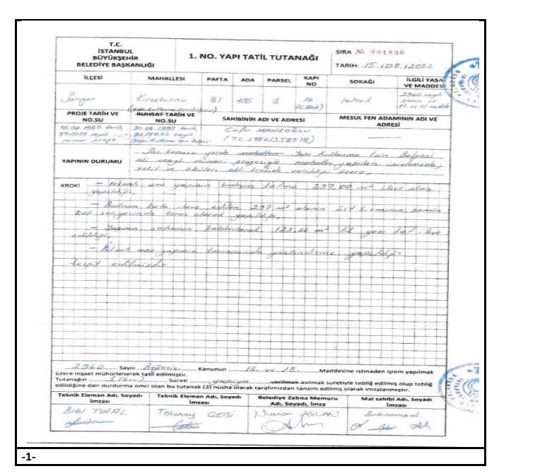 15/08/2022 tarihli Yapı Tatil Tutanağı
