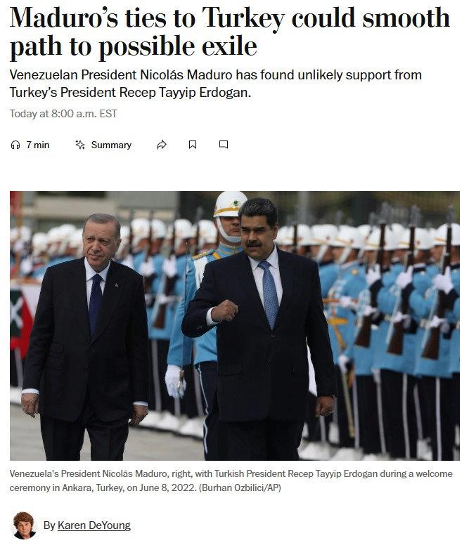 The Washington Post'ta 28.11.25 tarihinde Karen DeYoung imzasıyla yayınlanan 'Maduro'nun Türkiye ile Bağları Olası Sürgüne Giden Yolu Kolaylaştırabilir' başlıklı yazısının ekran görüntüsü