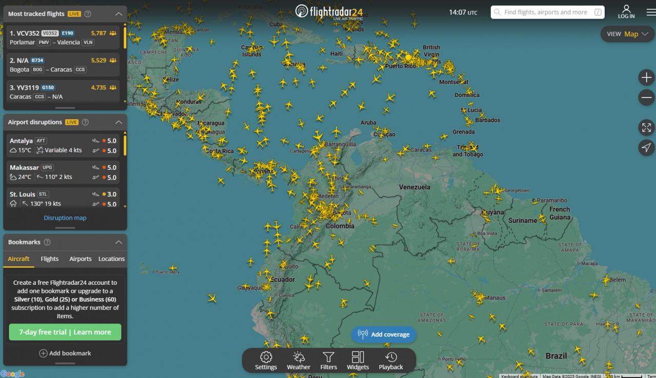 Venezuela hava sahasındaki uçak sayısını gösteren harita