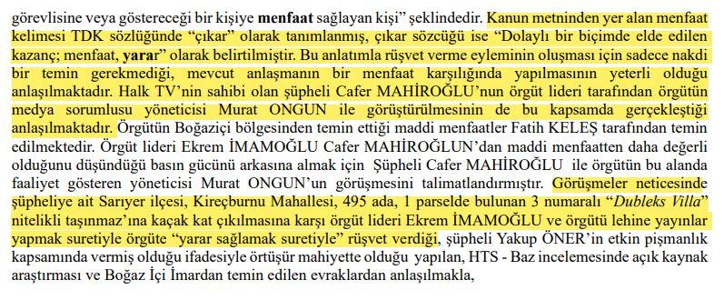 Cafer Mahiroğlu ve Ekrem İmamoğlu Suç Örgütüne dair iddianamede yer alan metin