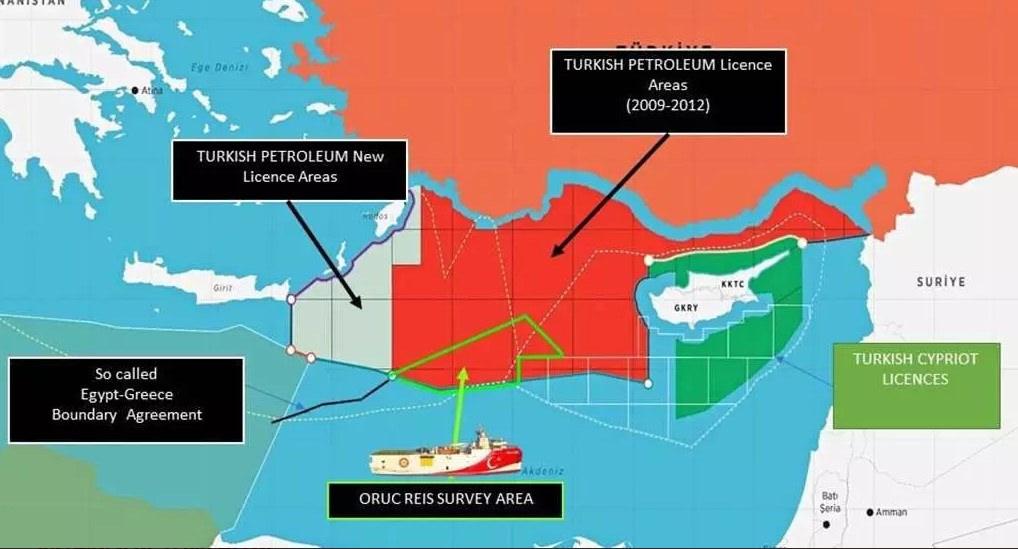 Doğu Akdeniz'de Türkiye ve KKTC deniz yetki alanlarını gösteren harita