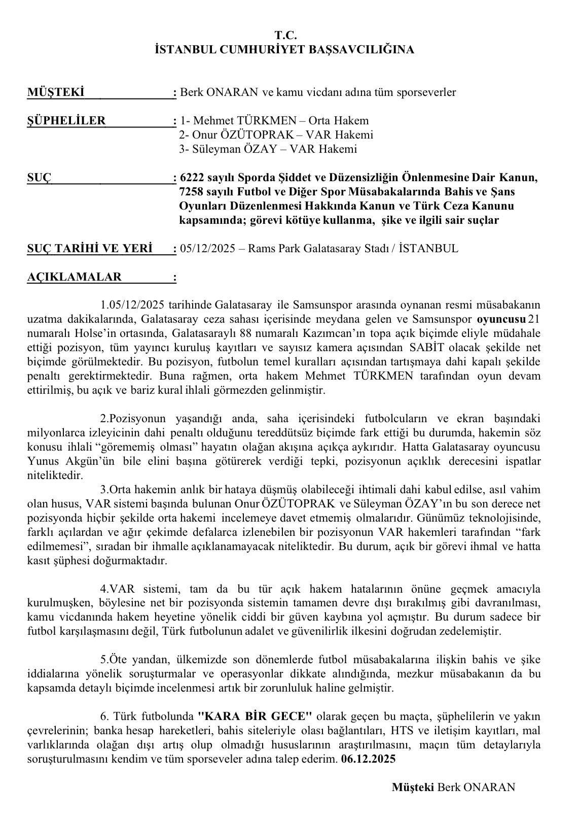 Avukat Berk Onaran'ın paylaştığı suç duyurusu