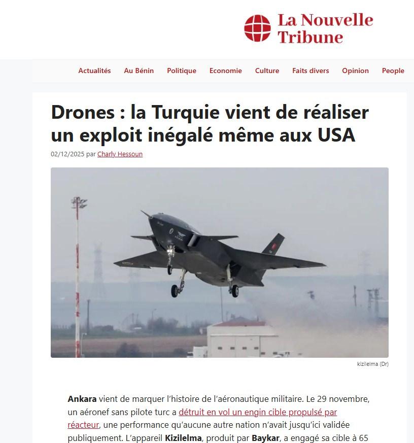 La Nouvelle Tribune'da yayınlanan 'İHA'lar: Türkiye, ABD'nin Bile Ulaşamadığı Bir Başarıya İmza Attı' başlıklı yazının ekran görüntüsü
