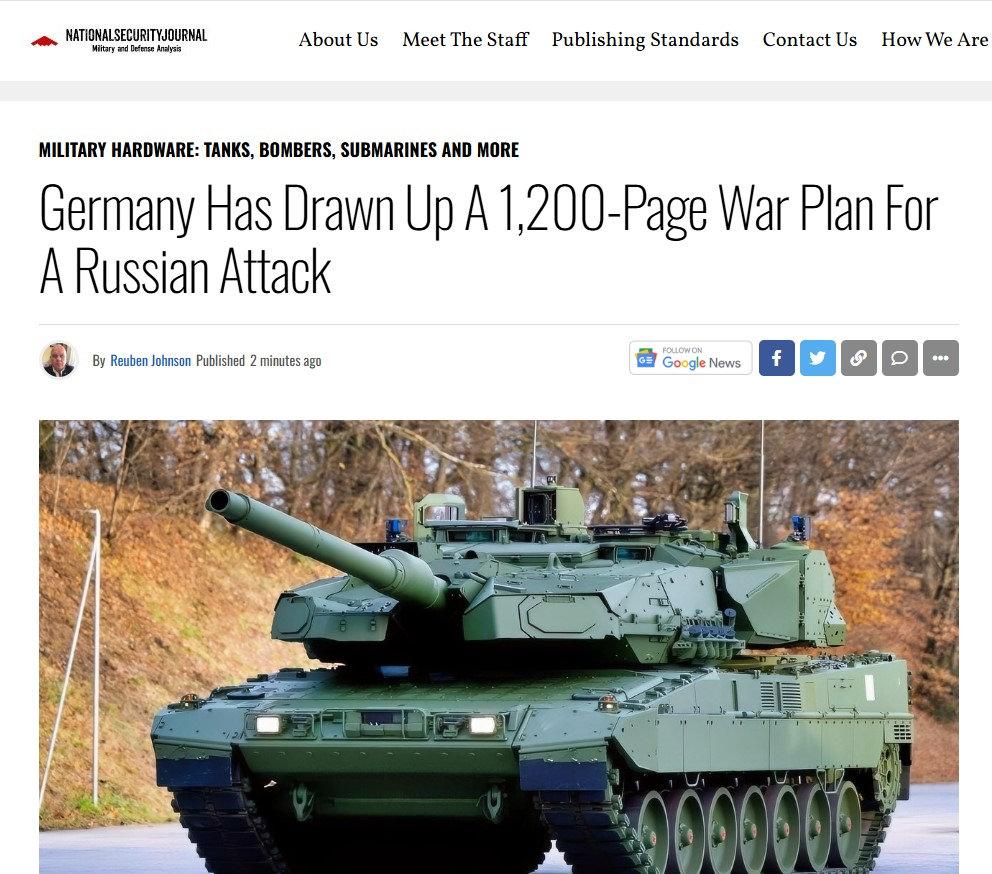 National Security Journal tarafından yayınlanan 'Almanya, Rusya'nın olası bir saldırısına karşı 1200 sayfalık bir savaş planı hazırladı' başlıklı analizden ekran görüntüsü