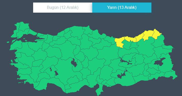 Sarı kodlu uyarı haritası