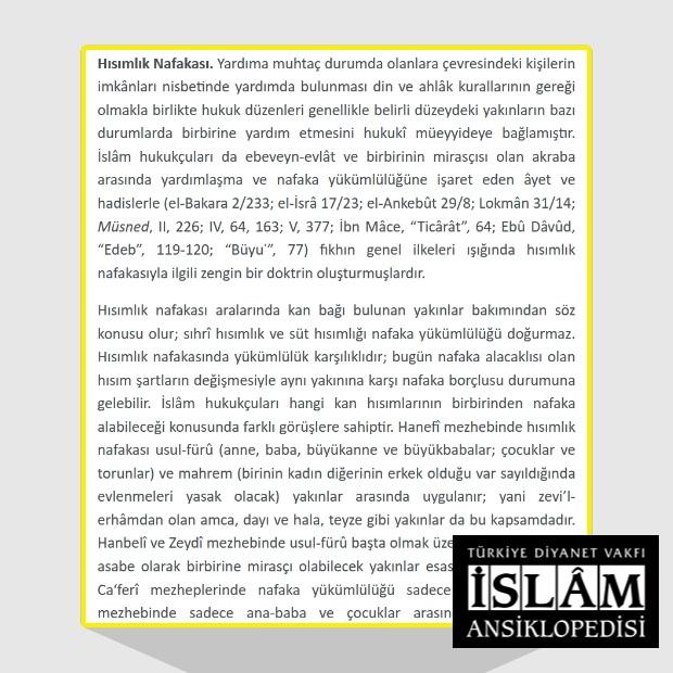 Türkiye Diyanet Vakfı İslam Ansiklopedisi'ne göre Hısımlık Nafakası