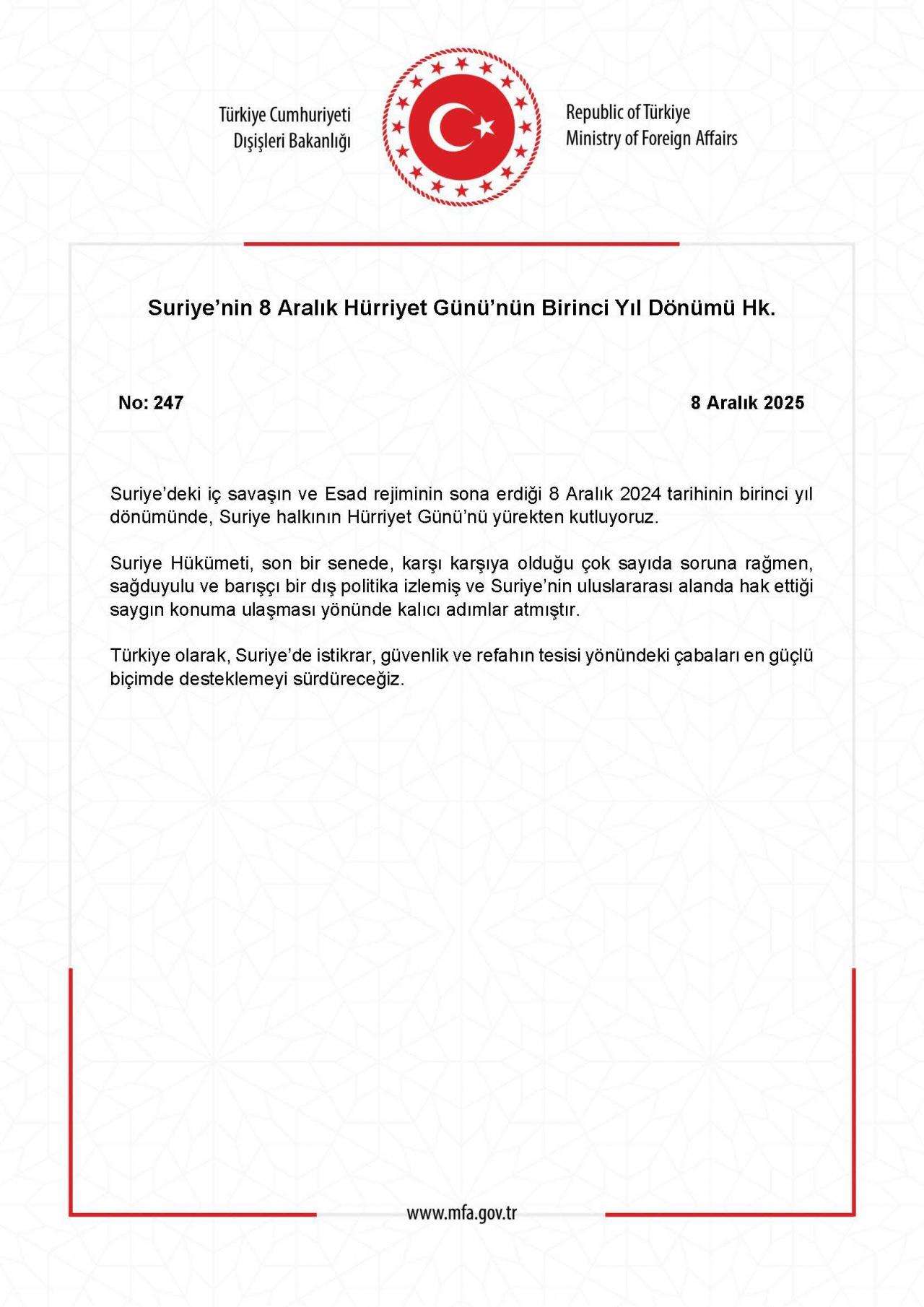 Suriye’nin 8 Aralık Hürriyet Günü’nün Birinci Yıl Dönümü Hk. 