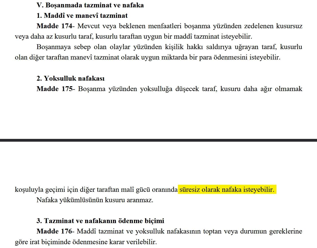 Türkiye'de süresiz nafakanın dayanağı olan TMK 175'inci madde