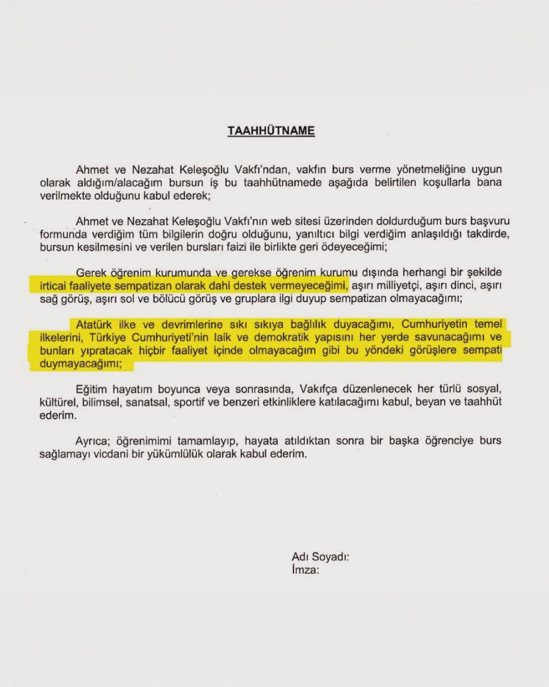 Ahmet ve Nezahat Keleşoğlu Vakfı'nın imzalatmaya çalıştığı taahhütname