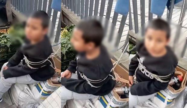 Sarıyer’de pazarda eşofman çalan çocuğun iple bağladığı anlar kamerada