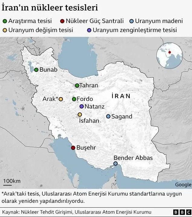 İran'ın nükleer tesislerini gösteren harita (Kaynak: BBC)