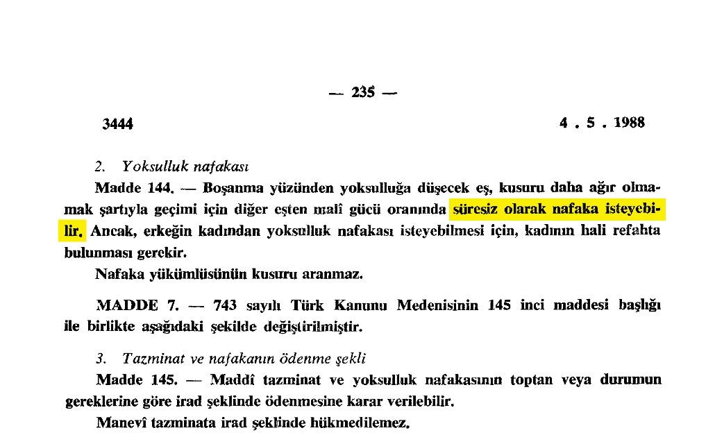 4 Mayıs 1988 tarihinde kanunlaşan süresiz nafaka uygulaması