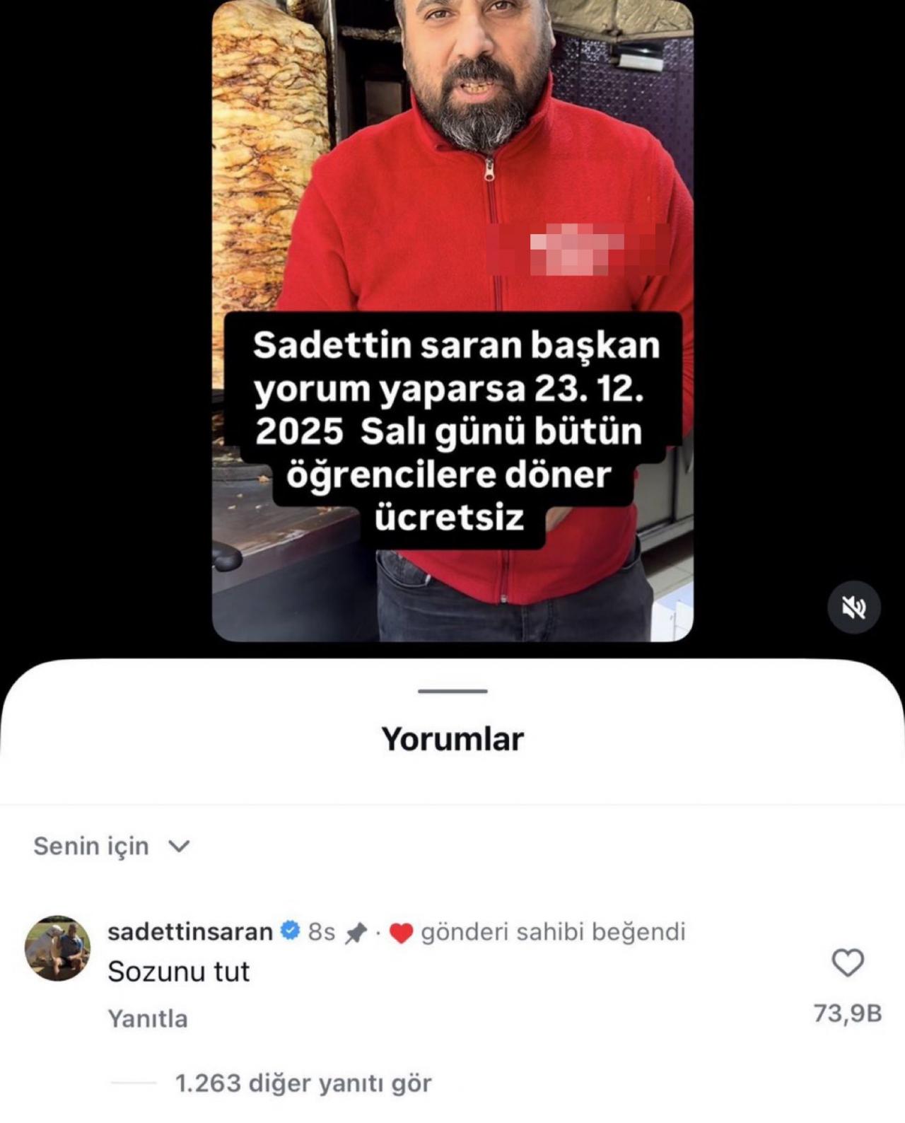 Fenerbahçe Başkanı Sadettin Saran, dönercinin paylaşımına kayıtsız kalmadı