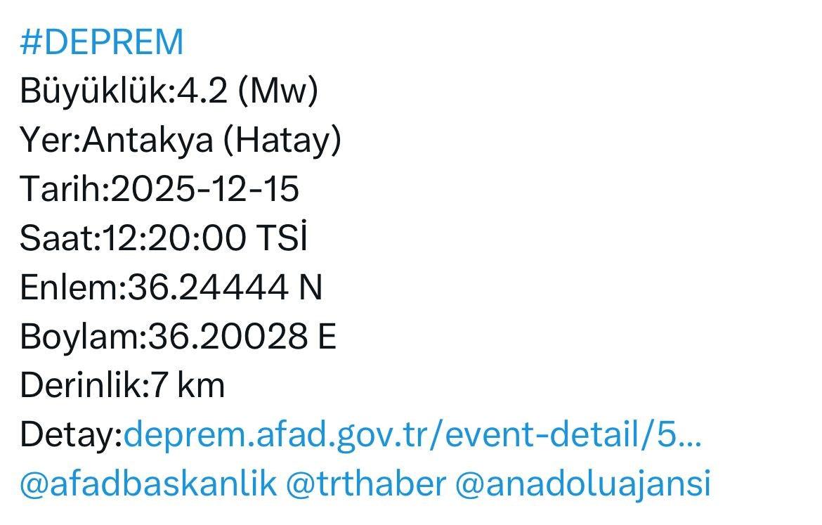 AFAD'ın Antakya'da meydana gelen 4,2'lik deprem ile ilgili yaptığı paylaşım