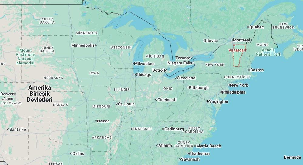 ABD'deki Vermont eyaletinin yerini gösteren harita (Kaynak: Google Maps)