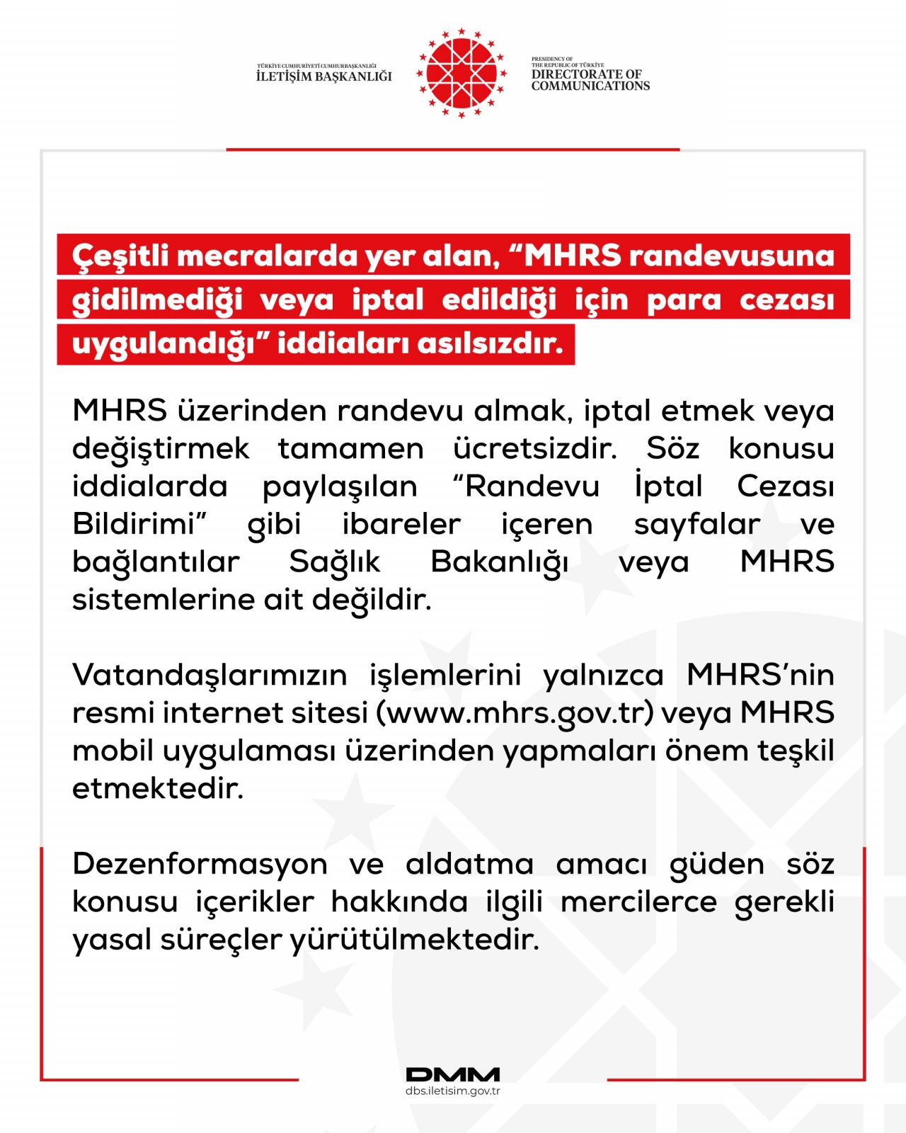 DMM’nin MHRS randevularında para cezası uygulandığı iddialarını yalanladığına dair açıklaması.