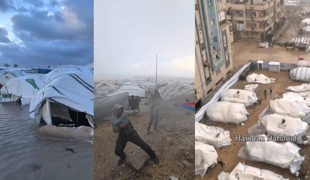 Gazze'de yerinden edilmiş Filistinlilerin &ccedil;adırları sular altında kaldı