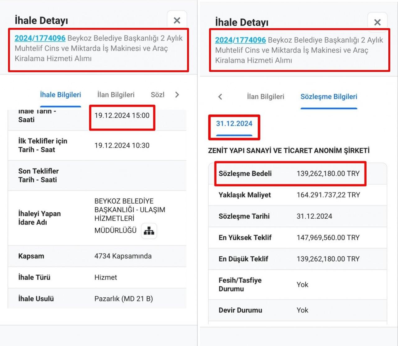 Zenit Yapı'nın Beykoz Belediyesi'nden aldığı çeşitli iş makineleri ile araç kiralama hizmetlerini kapsayan ihalenin detayları