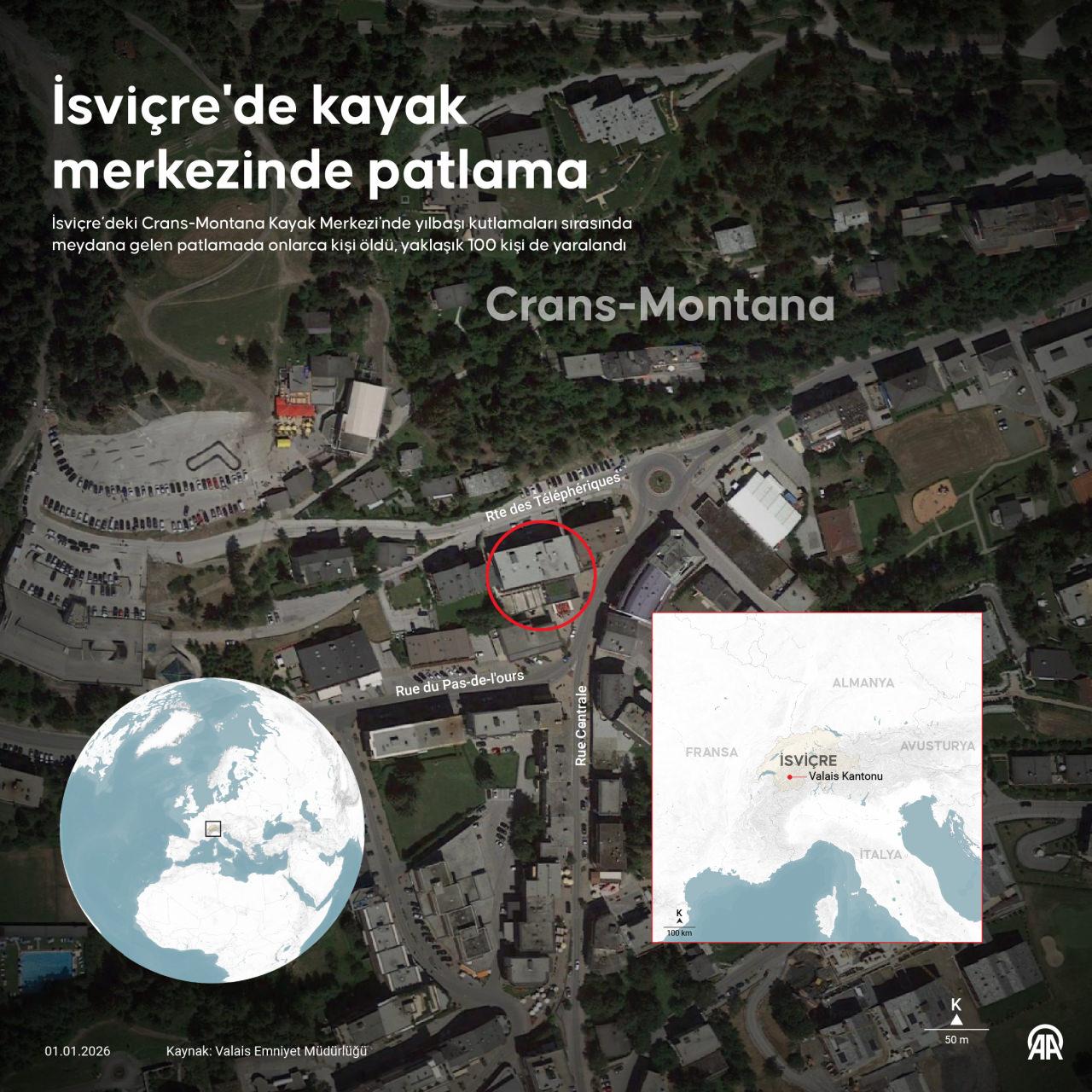 İsviçre’deki Crans-Montana Kayak Merkezi'nde yılbaşı kutlamaları sırasında meydana gelen patlamada onlarca kişinin öldüğü, yaklaşık 100 kişinin yaralandığı açıklandı.