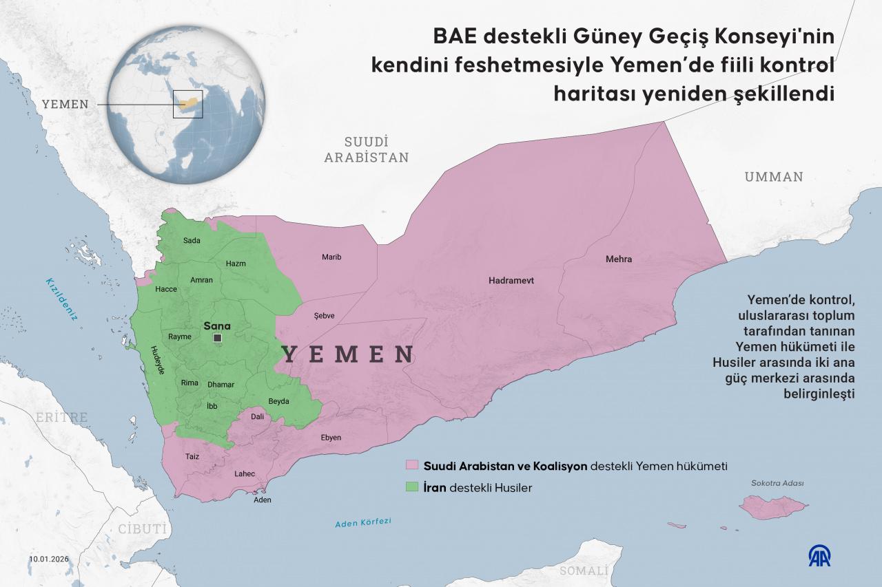 GGK'nın feshi sonrası Yemen'deki yeni fiili kontrol haritası (Kaynak: AA)