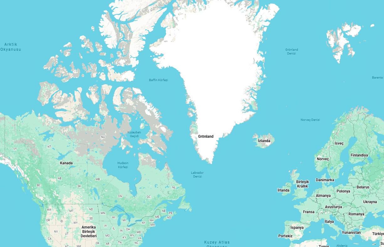 Grönland adası ve çevre ülkeleri gösteren harita (Kaynak: Google Maps)
