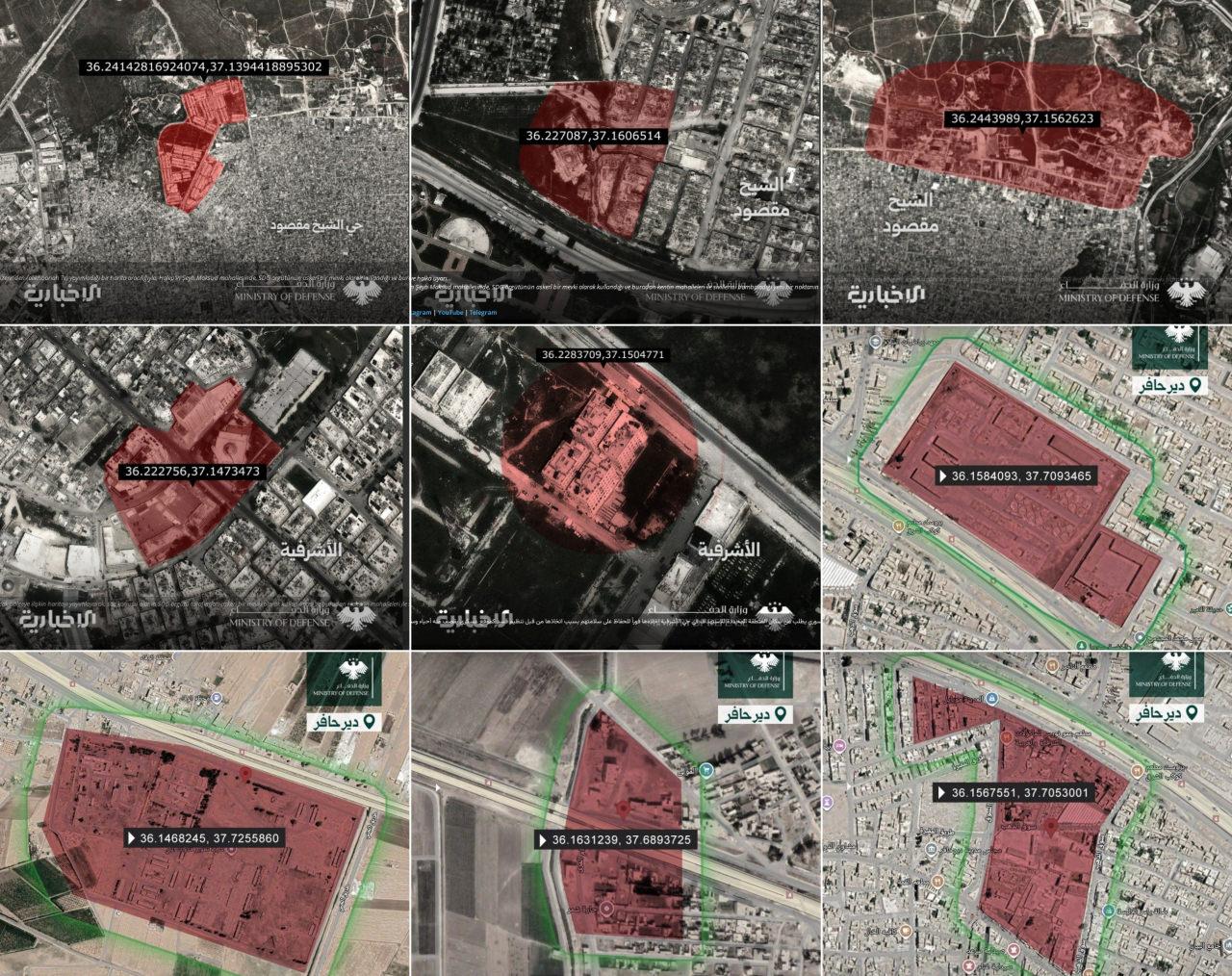 Suriye ordusunun her iki operasyonda yayımladığı işaretli harita ve hava görselleri