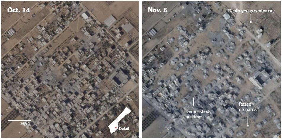 14 Ekim tarihine ait (soldaki) görüntüler ve 5 Kasım tarihine ait uydu görüntüleri (sağdaki) kıyaslandığında, ateşkesin ardından geçen sürede tarım arazilerinin ve seraların yok edildiği görülüyor. (Kaynak: NYT)