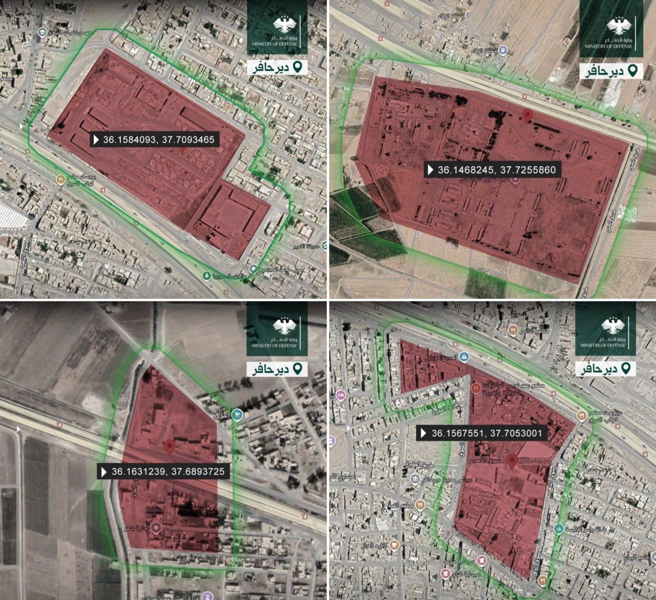 Suriye Savunma Bakanlığının Deyr Hafer'de haritalarını paylaştığı terör mevzilerinin konumu. Bu noktalar ordu güçleri tarafından gece saatlerinde başlayan operasyonla imha edildi.