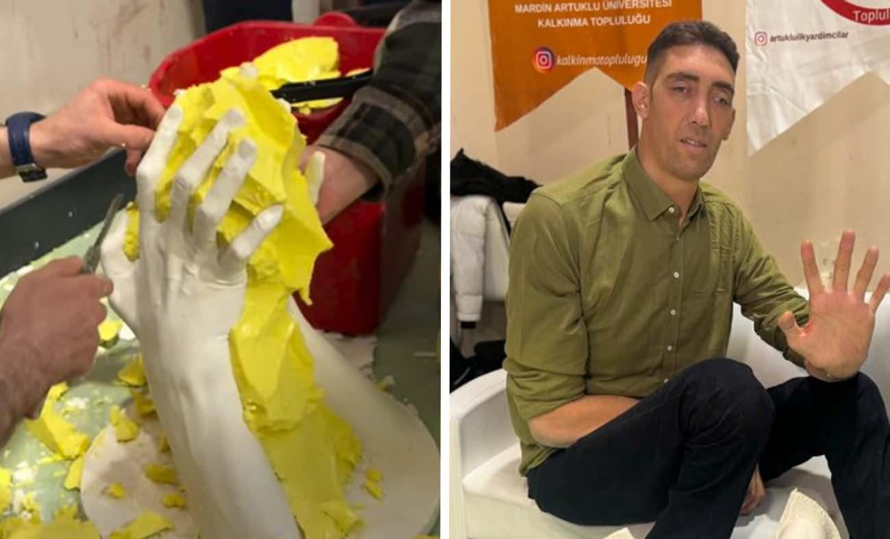 "D&uuml;nyanın en uzun adamı" Sultan K&ouml;sen'in ellerinin kalıbı alındı!