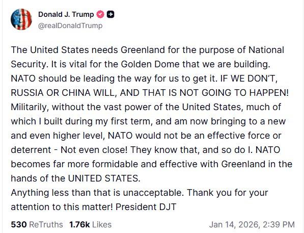 Donald Trump'ın Truth hesabından yayınladığı Grönland mesajı