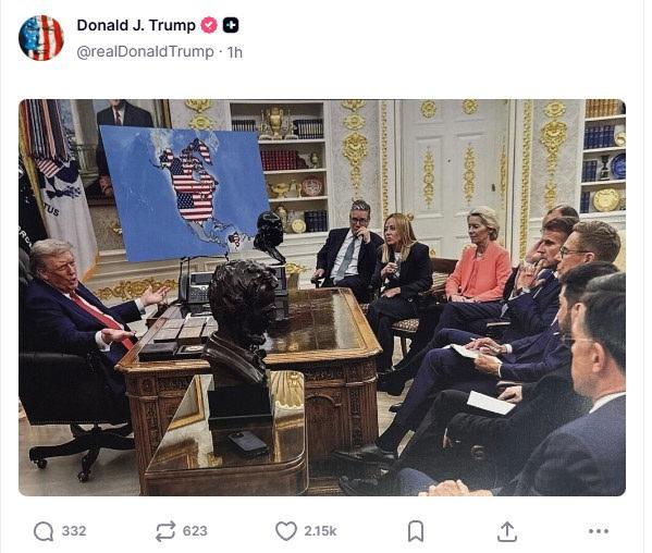 Donald Trump'ın Truth Social'da yayınladığı; Kanada, Grönland ve Venezuela'yı Avrupalı liderlere ABD toprakları gibi gösterdiği fotoğraf.