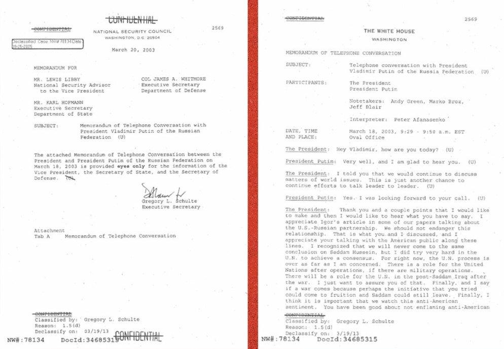 20 Mart 2003'te Vladimir Putin ve George Bush arasındaki görüşmeye ait belge (Kaynak: Majalla)