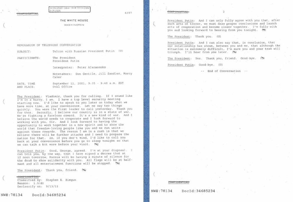 12 Eylül 2001'de Vladimir Putin ve George Bush arasında geçen telefon görüşmesine ait belge (Kaynak: Majalla)