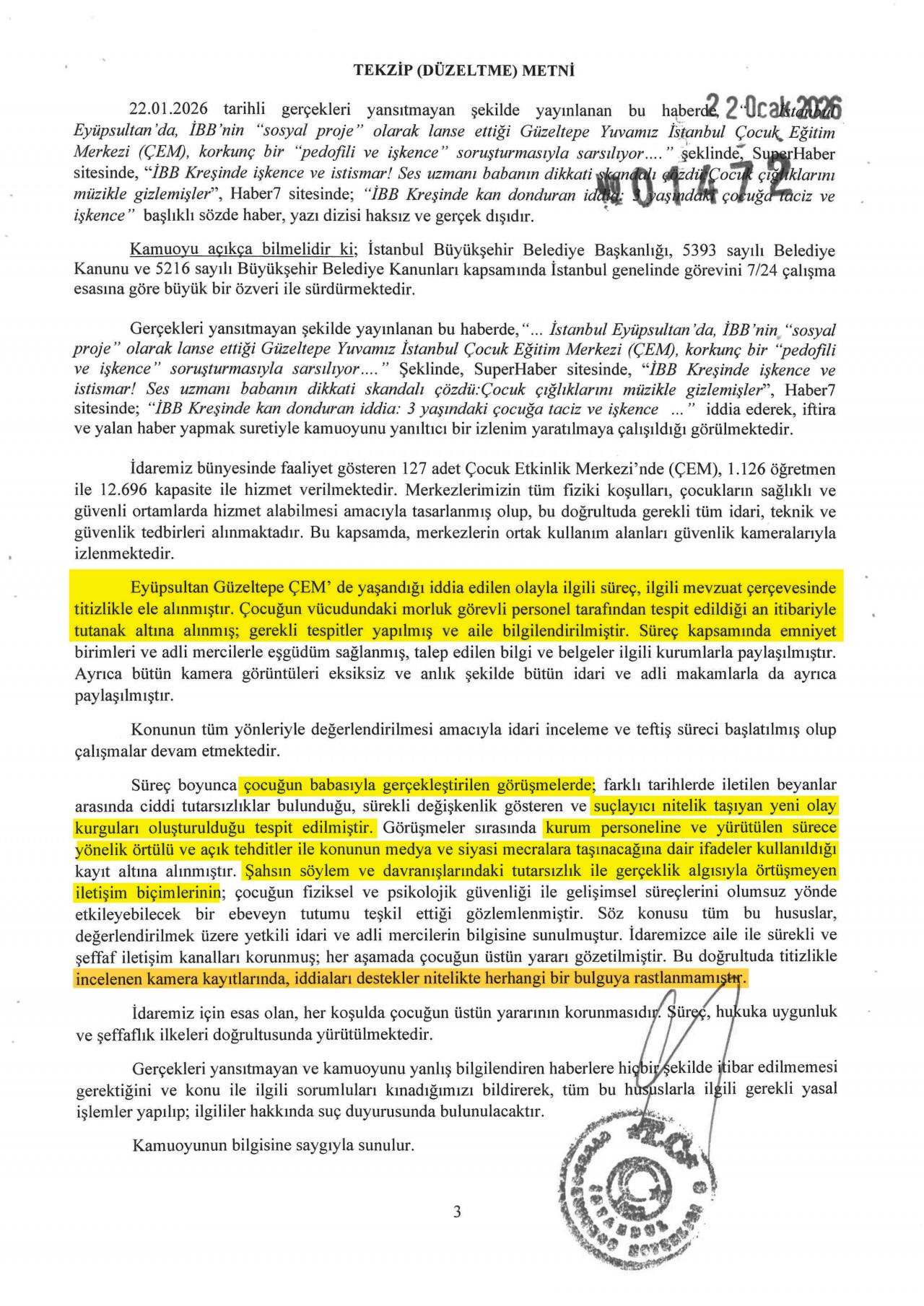 İBB'nin Haber7'ye gönderdiği sözde tekzip metni