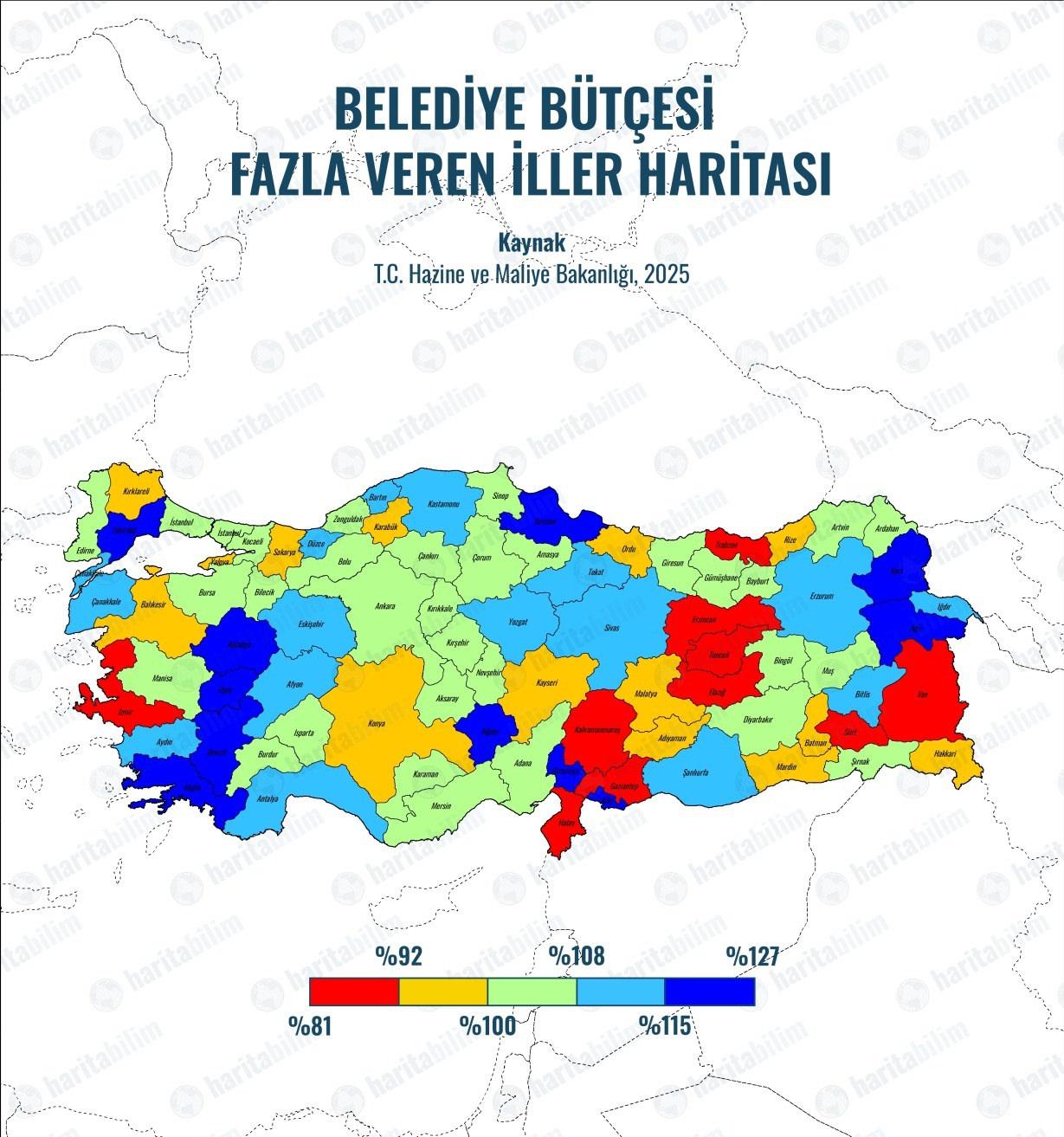 Belediye bütçesi fazla veren iller haritası