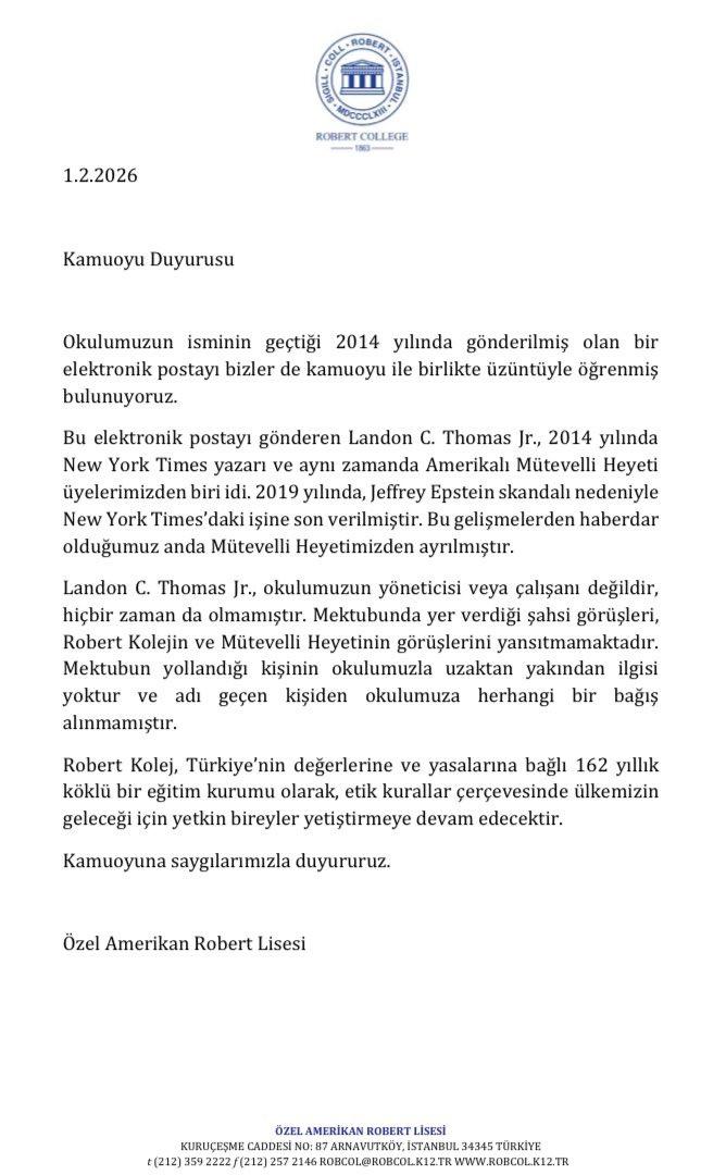 Epstein skandalında adı geçen Robert Koleji'nden yazılı bir açıklama geldi.