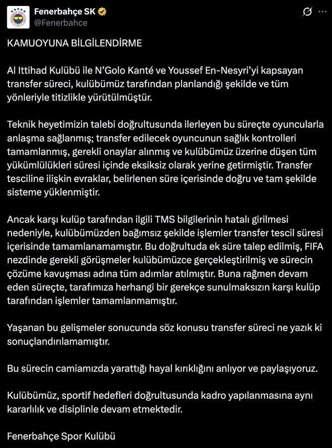 Fenerbahçe'nin Kante açıklaması