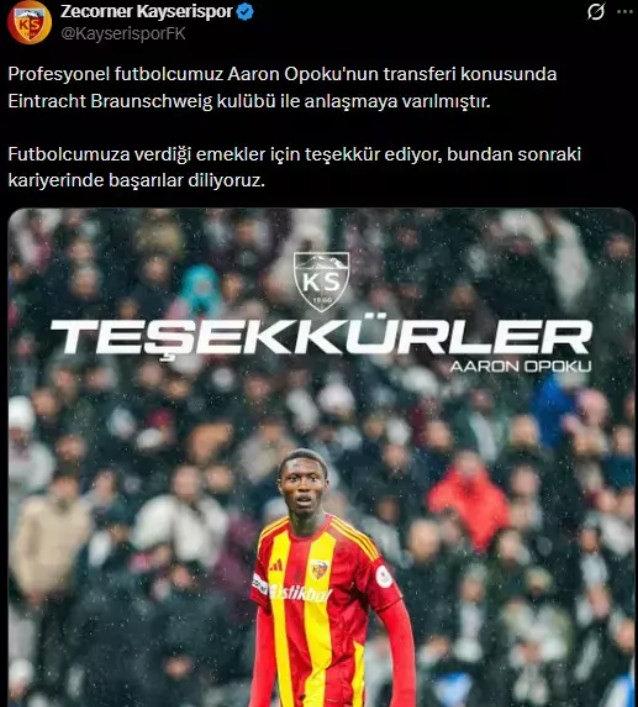 Kayserispor, Opoku'nun takımdan ayrıldığını açıkladı.