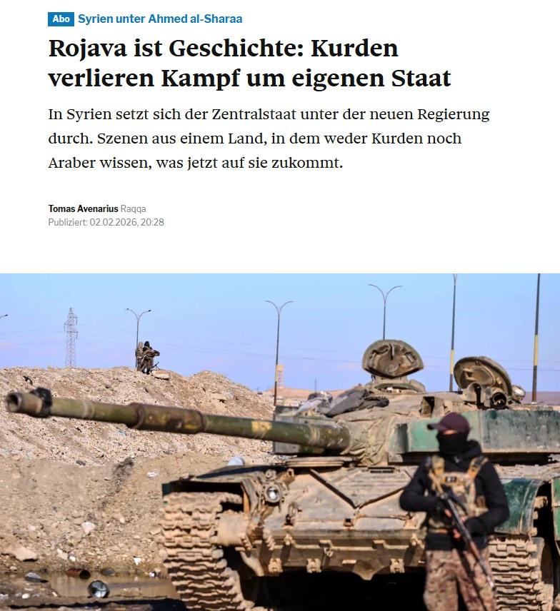 İsviçre merkezli yayın organı Tagesanzeiger'de 2 Şubat 2026 tarihinde yayınlanan 'Rojava artık tarih oldu: Kürtler kendi devletleri için verdikleri mücadeleyi kaybetti.' başlıklı yazı