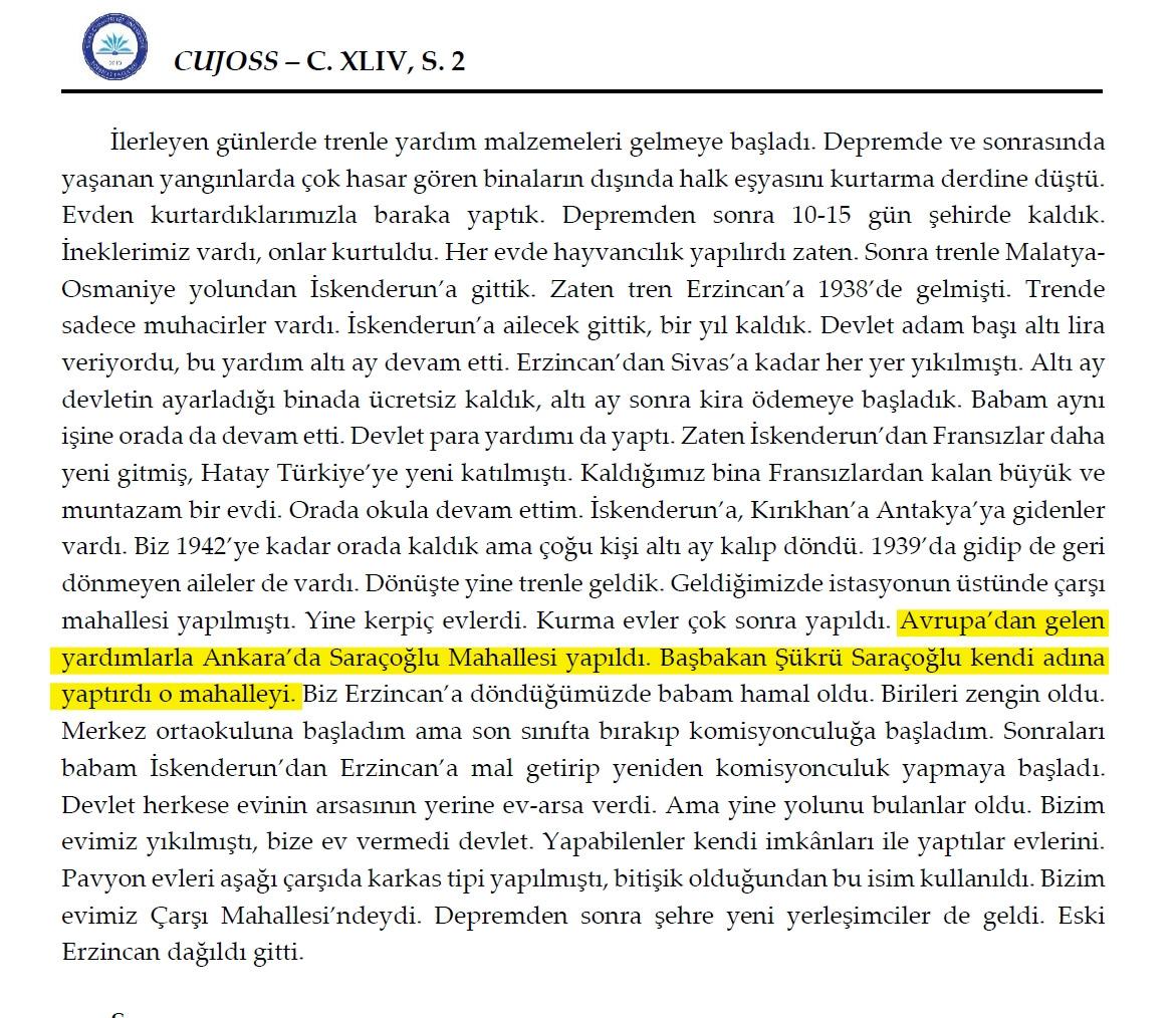 Yusuf Ziya Keskin’in “Depremzedelerin anlatılarıyla 1939 Erzincan depremi ve donrasındaki gelişmeler” isimli akademik çalışmasından