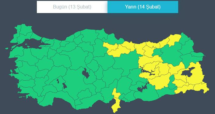 14 Şubat uyarı haritası