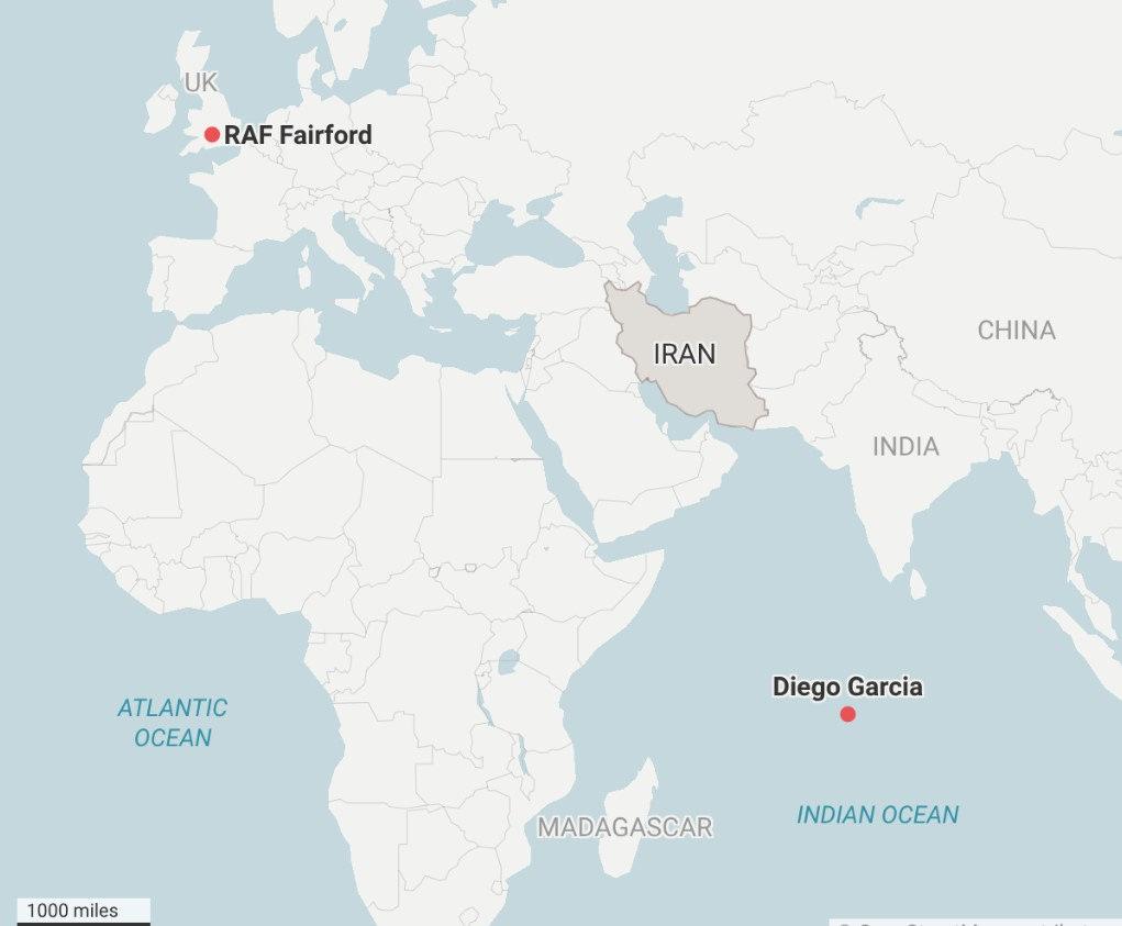 RAF Fairford ve Diego Garcia üslerinin konumu (Kaynak: The Times)