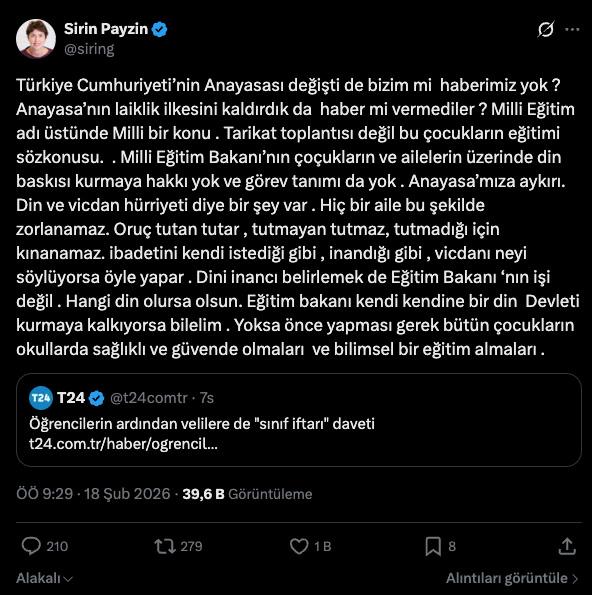 Şirin Payzın'ın Ramazan ayında okullarda yapılması planlanan iftarlar nedeniyle rahatsızlığını dile getirdiği tweet