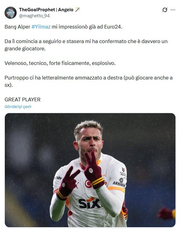 İtalyan taraftar, ABD menşeli sosyal medya platformu X üzerinden yayınladığı bir gönderide Barış Alper Yılmaz'a övgüde bulundu.