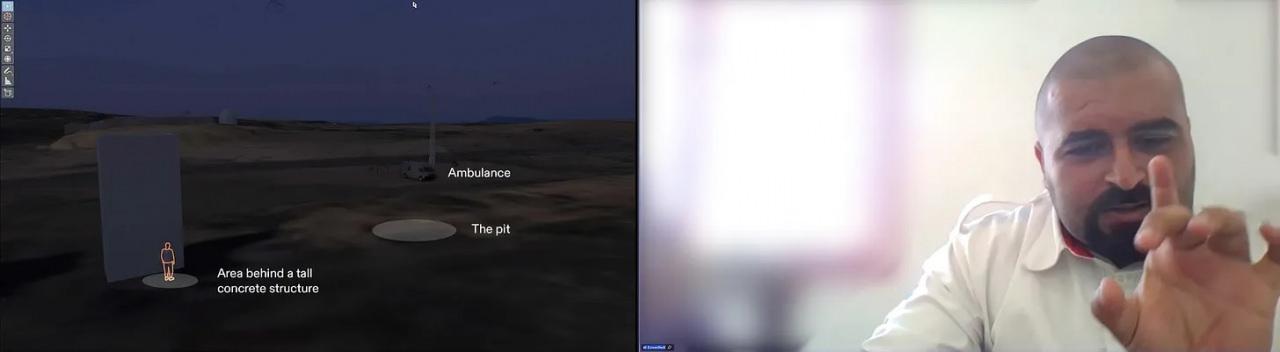 Munther Abed'in, İsrail askerleri tarafından gözaltına alındığında götürüldüğü çukurun ve yüksek beton yapının arkasındaki alanın yerini anlattığı tanıklığından bir kare (Adli Mimari, 2026).