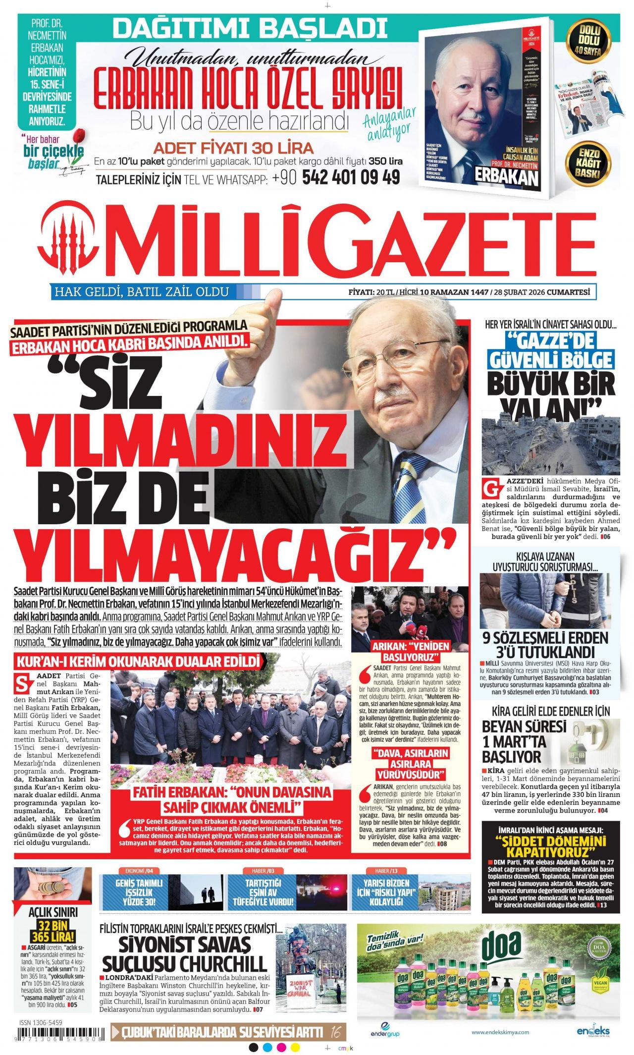 28 Şubat 2026 tarihli Milli Gazete'nin birinci sayfası