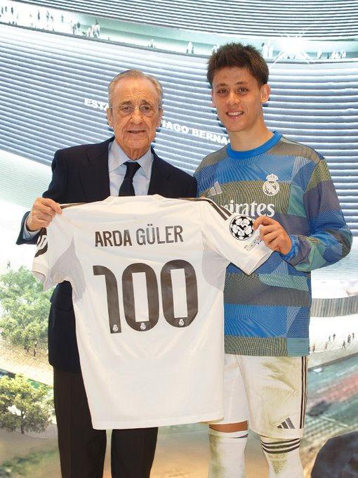 Real Madrid başkanı Florentino Perez ve kulüpte 100. maçına çıkan Arda Güler