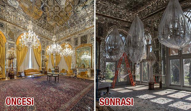 Solda Aynalı Salon'un önceki hali, sağda İsrail saldırısından sonraki hali görülüyor.