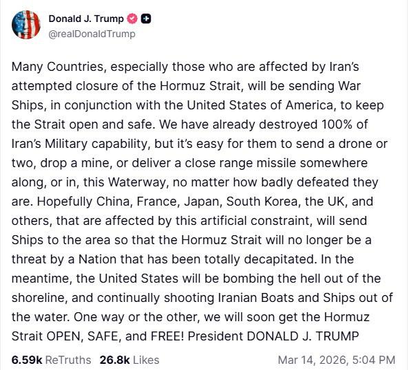 ABD Başkanı Donald Trump'ın konuya ilişkin Truth Socia paylaşımı. Çeviri: Birçok ülke, özellikle İran'ın Hürmüz Boğazı'nı kapatma girişiminden etkilenenler, boğazı açık ve güvenli tutmak için Amerika Birleşik Devletleri ile birlikte savaş gemileri gönderecekler. İran'ın askeri kapasitesinin %100'ünü zaten yok ettik, ancak ne kadar ağır yenilgiye uğramış olurlarsa olsunlar, bir veya iki insansız hava aracı göndermeleri, mayın döşemeleri veya bu su yolunun herhangi bir yerine yakın menzilli füze bırakmaları kolay. Umarım bu yapay kısıtlamadan etkilenen Çin, Fransa, Japonya, Güney Kore, İngiltere ve diğerleri, Hürmüz Boğazı'nın artık tamamen başı kesilmiş bir ulus tarafından tehdit oluşturmaması için bölgeye gemiler gönderirler. Bu arada, Amerika Birleşik Devletleri kıyı şeridini yoğun bir şekilde bombalayacak ve İran teknelerini ve gemilerini sürekli olarak sudan vuracaktır. Bir şekilde, yakında Hürmüz Boğazı'nı açık, güvenli ve özgür hale getireceğiz.