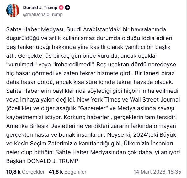 Trump'ın 14 Mart 2026 tarihinde yayınladığı ve medya kuruluşlarını hedef alan paylaşımı